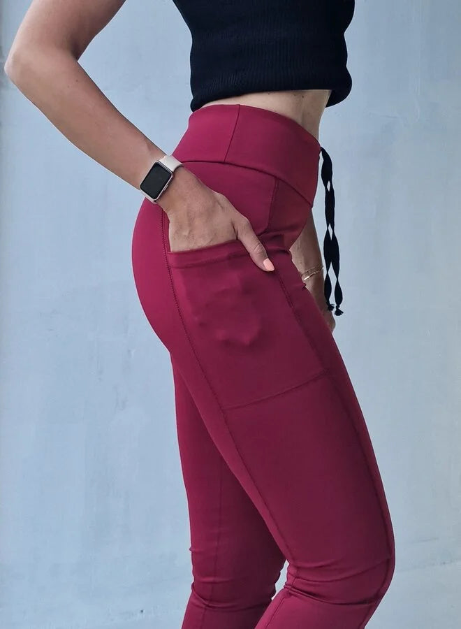 Extra lange sportlegging | steekzak & koordje | wijnrood | tall | lengtemaat 32, 34 en 36