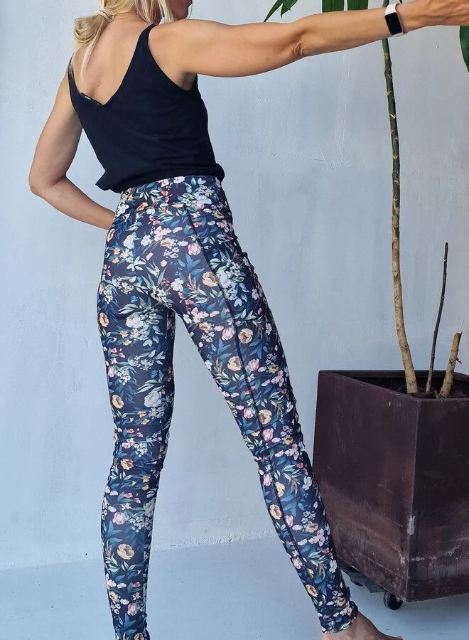 Lange sportlegging | met steekzak & koordje | black / flowers
