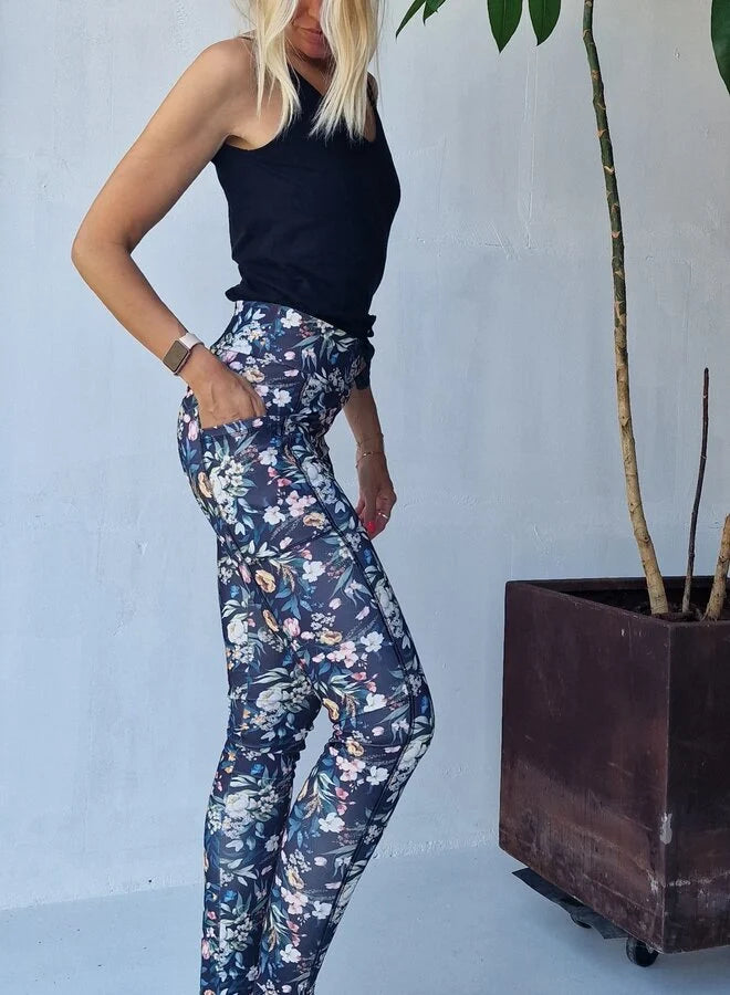 Lange sportlegging | met steekzak & koordje | black / flowers